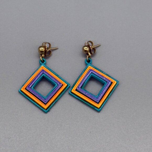 Vintage Bright Multicolor Retro Geometric Enamel Block Square Earrings 80's - Picture 5 of 10